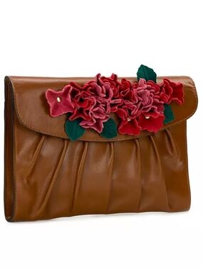 Patricia Nash Gorgeous Brown Leather Clutch with Red Suede Floral Appliqué